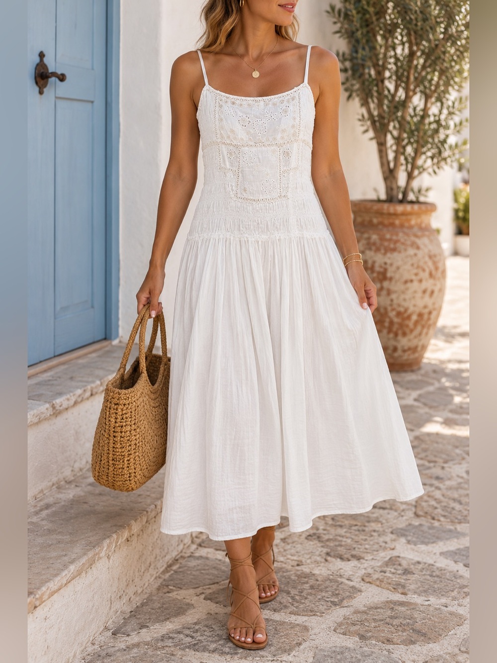 ZARA White Embroidered Eyelet Cotton Midi Dress Boho Resort Vacation. Size small